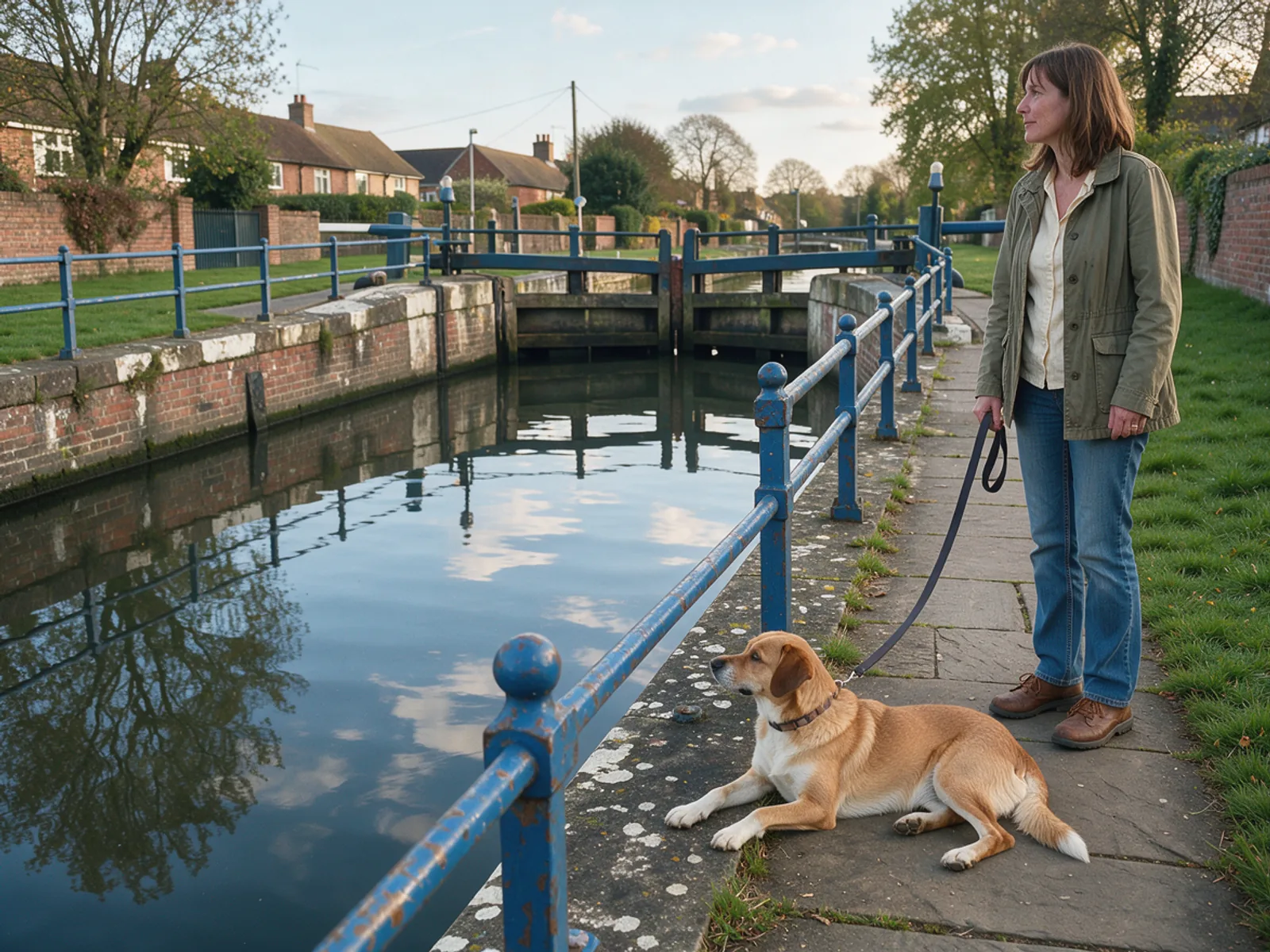 A dog rests by a blue canal railing while its walker stands nearby in gentle late daylight