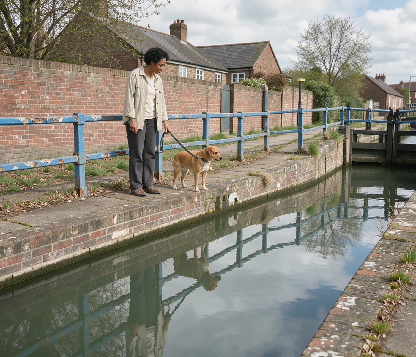 A casually dressed person and a calm dog beside blue railings over a brick canal in daylight