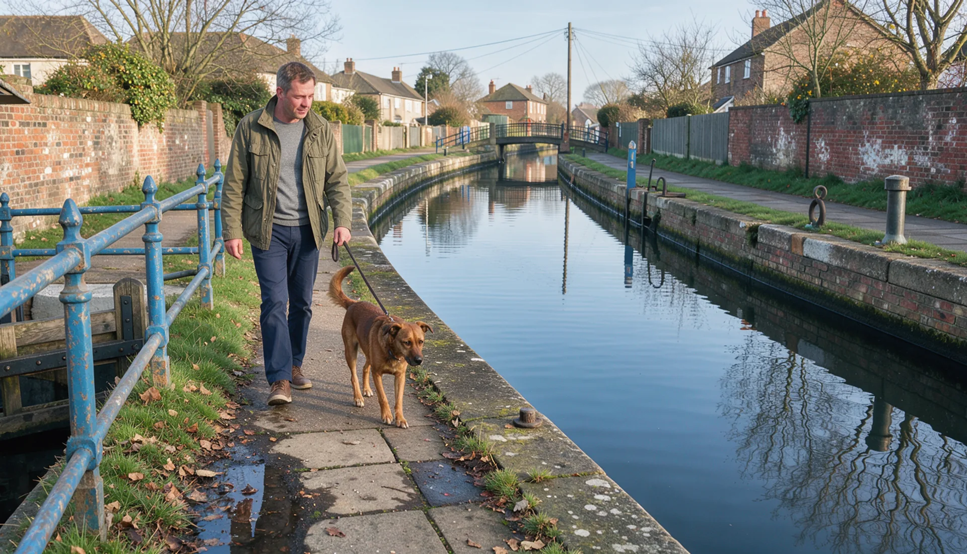 A relaxed dog and a casually dressed walker beside a brick canal with blue railings in early sun