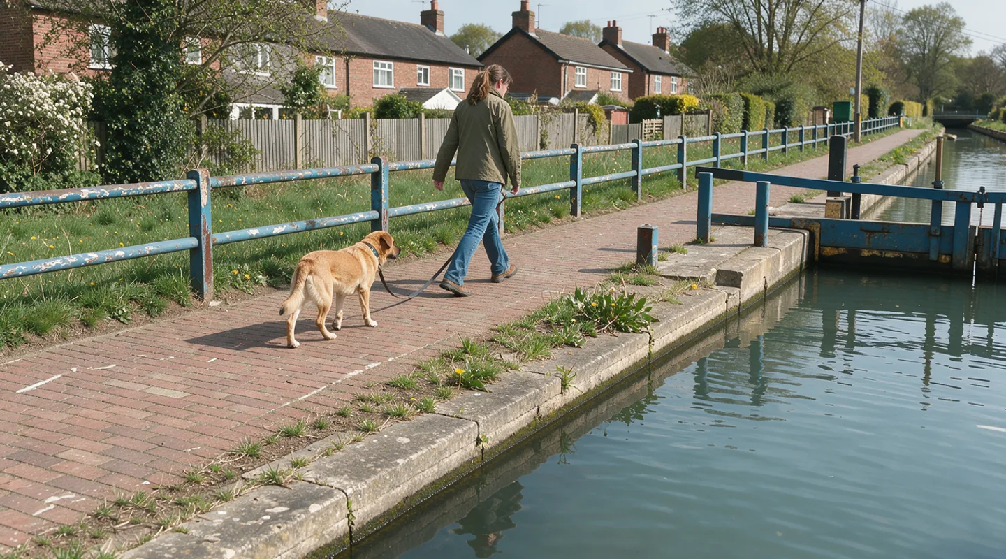 Daylight falls across brickwork and blue canal railings as a person and dog pass in the distance