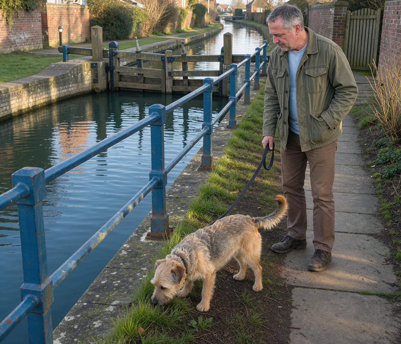 A dog pauses on grass by a canal lock while a person waits with a slack lead
