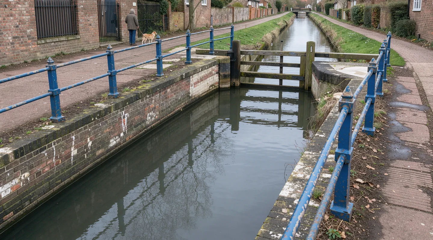 Two brick banks of a town canal with blue railings and a distant dog walker near a lock