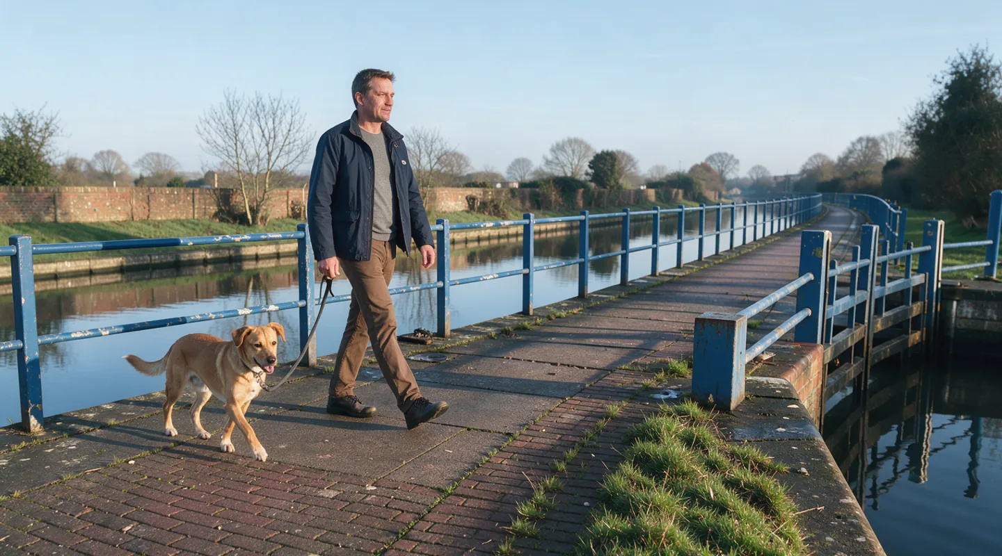 A relaxed dog walks on a loose lead along a brick towpath beneath blue canal railings
