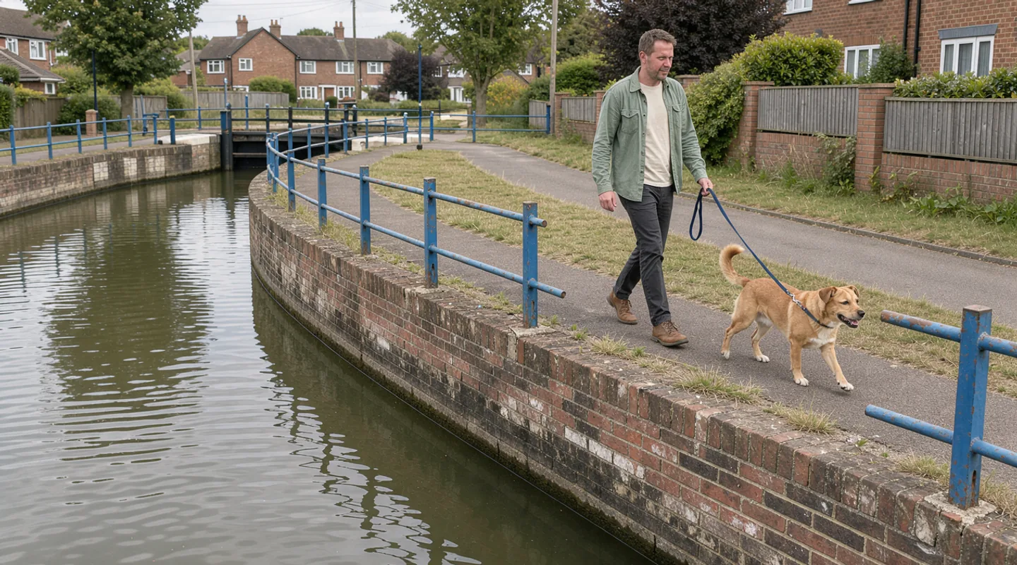 A walker and dog round a gentle bend in a brick-lined canal path beside a blue railing